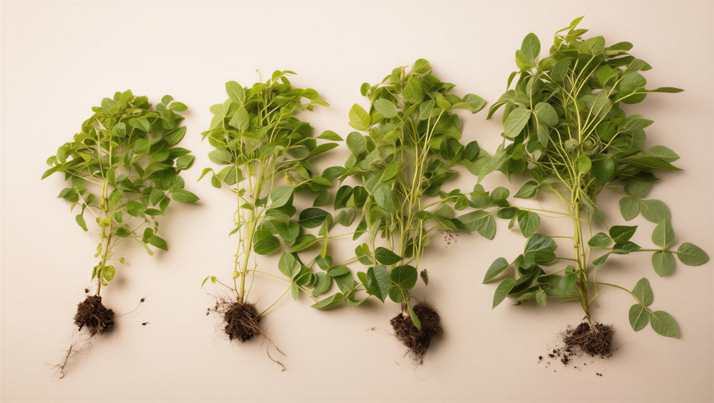 Four green plants with roots and soil attached are arranged in a row on a light beige background. The plants vary slightly in size and have numerous oval-shaped leaves with visible veins. The roots are thin and spread out, with some soil clinging to them.