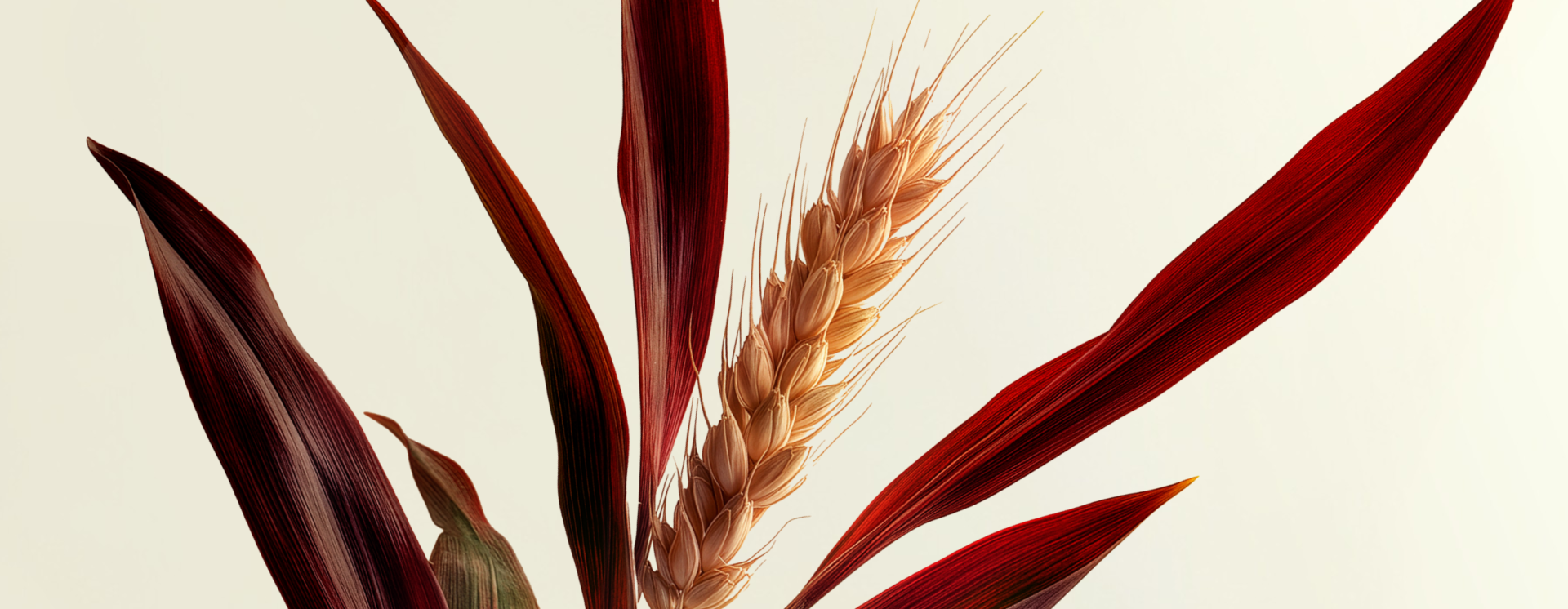 A close-up of a wheat stalk surrounded by several long, narrow, dark red leaves with visible veins, set against a plain light background.