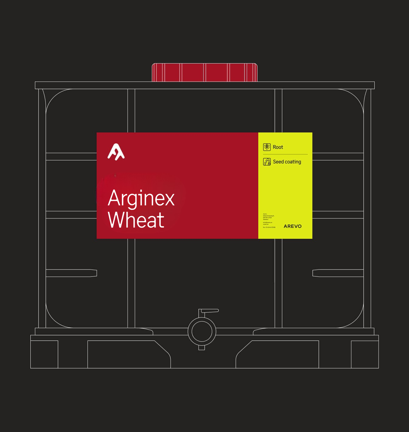 A large industrial container with a red and yellow label reading "Arginex Wheat." The label includes icons and text indicating "Root" and "Seed coating," and the brand name "AREVO." The container is outlined in white on a dark background.