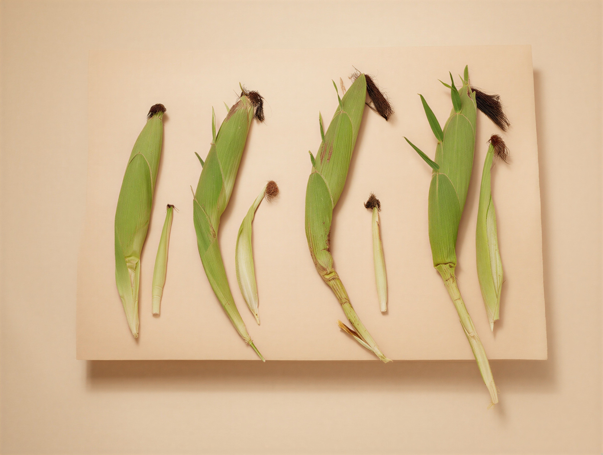 Seven ears of corn in their husks arranged in a row on a beige surface, with varying sizes and some husks partially peeled back.
