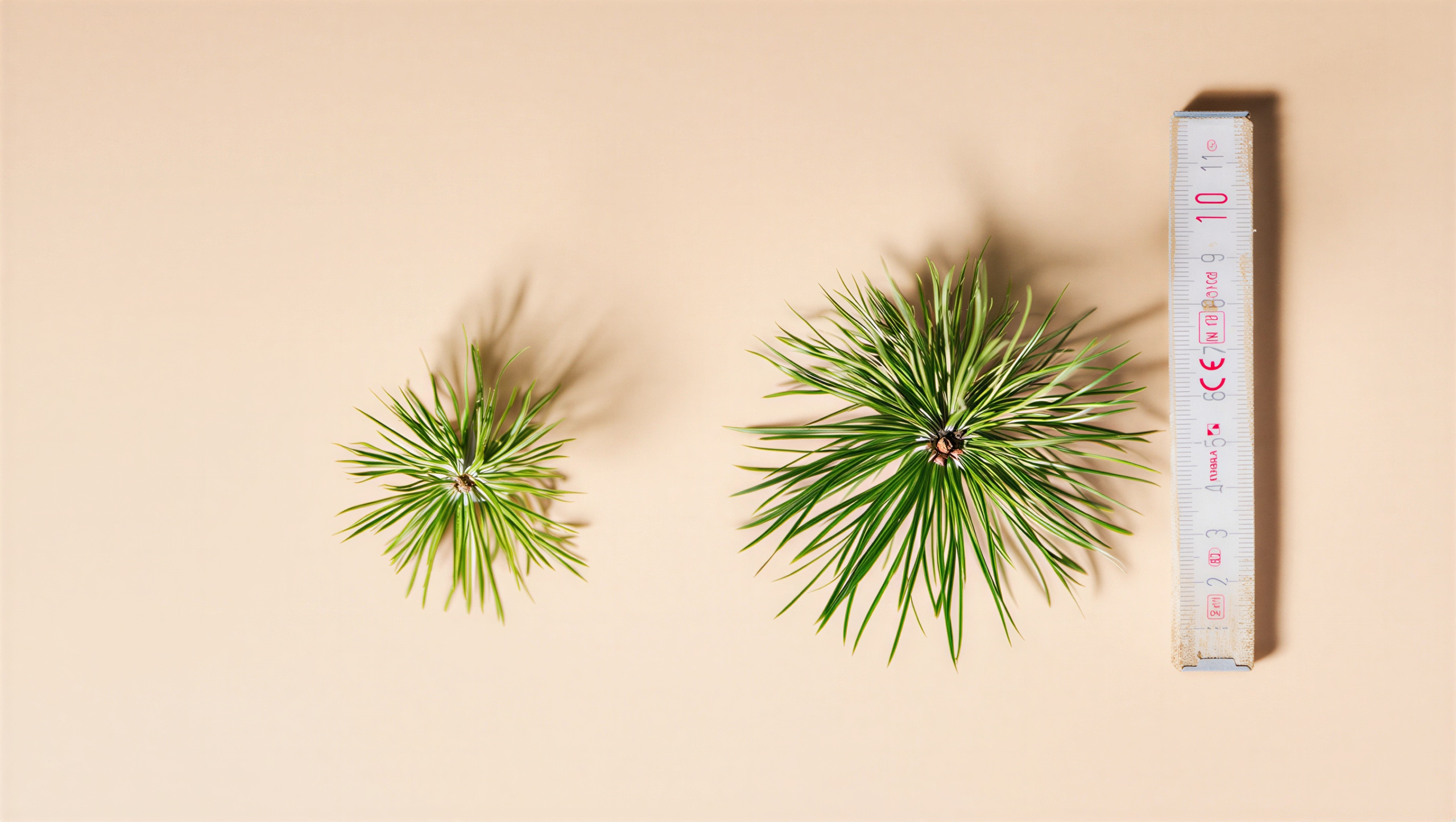 Two green pine branch tips of different sizes are placed on a beige surface next to a white measuring tape showing approximately 10 centimeters. The larger pine tip is about twice the size of the smaller one. Both cast soft shadows on the surface.