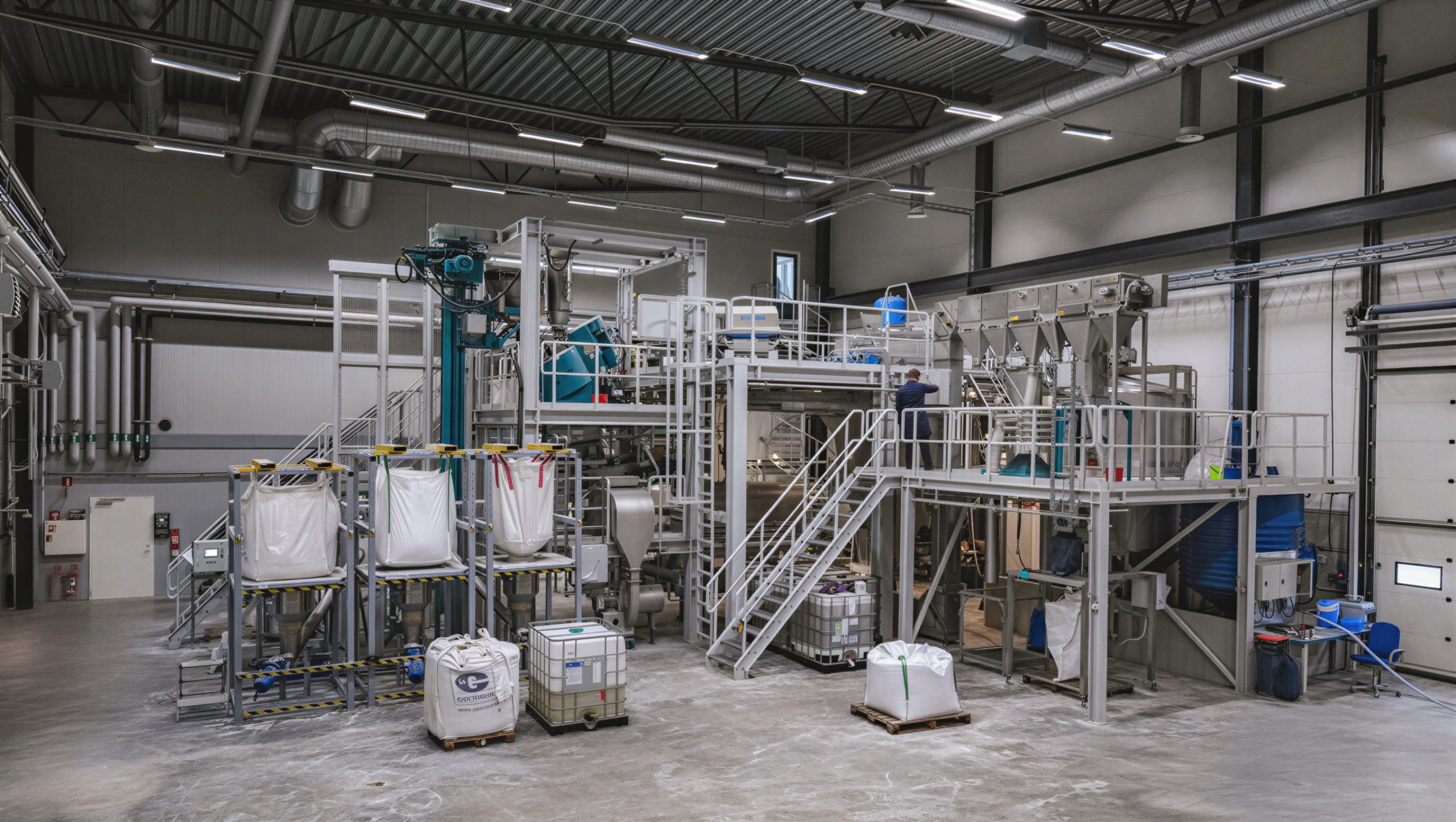 arevo Industrial facility interior with large metal machinery and equipment, including platforms, stairs, and conveyor systems. Several large white bulk bags and containers are placed on the concrete floor. A person in a dark suit is standing on a platform, inspecting or working on the machinery. The space has high ceilings with exposed ductwork and bright overhead lighting.